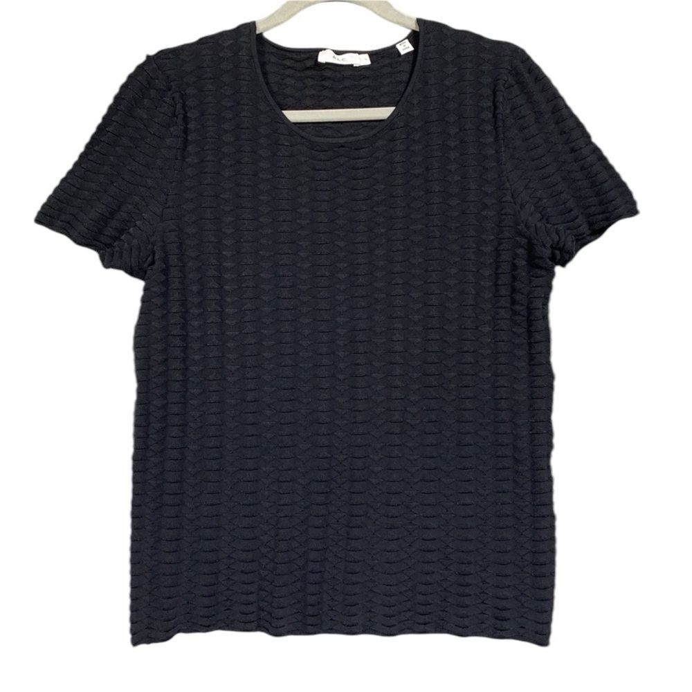 A.L.C. 3D Textured Cross-over Back Short Sleeve Knit Blouse Sz L Black